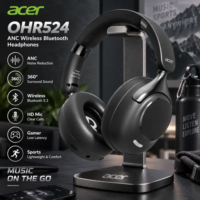 Fones de Ouvido Sem Fio Bluetooth Acer ANC OHR524 360 ° Fones de ouvido com som surround para jogos, fones de ouvido esportivos com redução de ruído e microfone HD