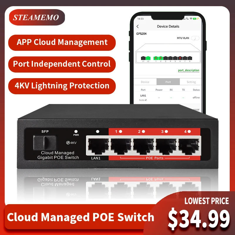 

STEAMEMO Cloud-managed Full Gigabit POE Switch 4 Port 48V Active POE Desktop 100/1000Mbps SFP APP Control Switch Pulg And Play