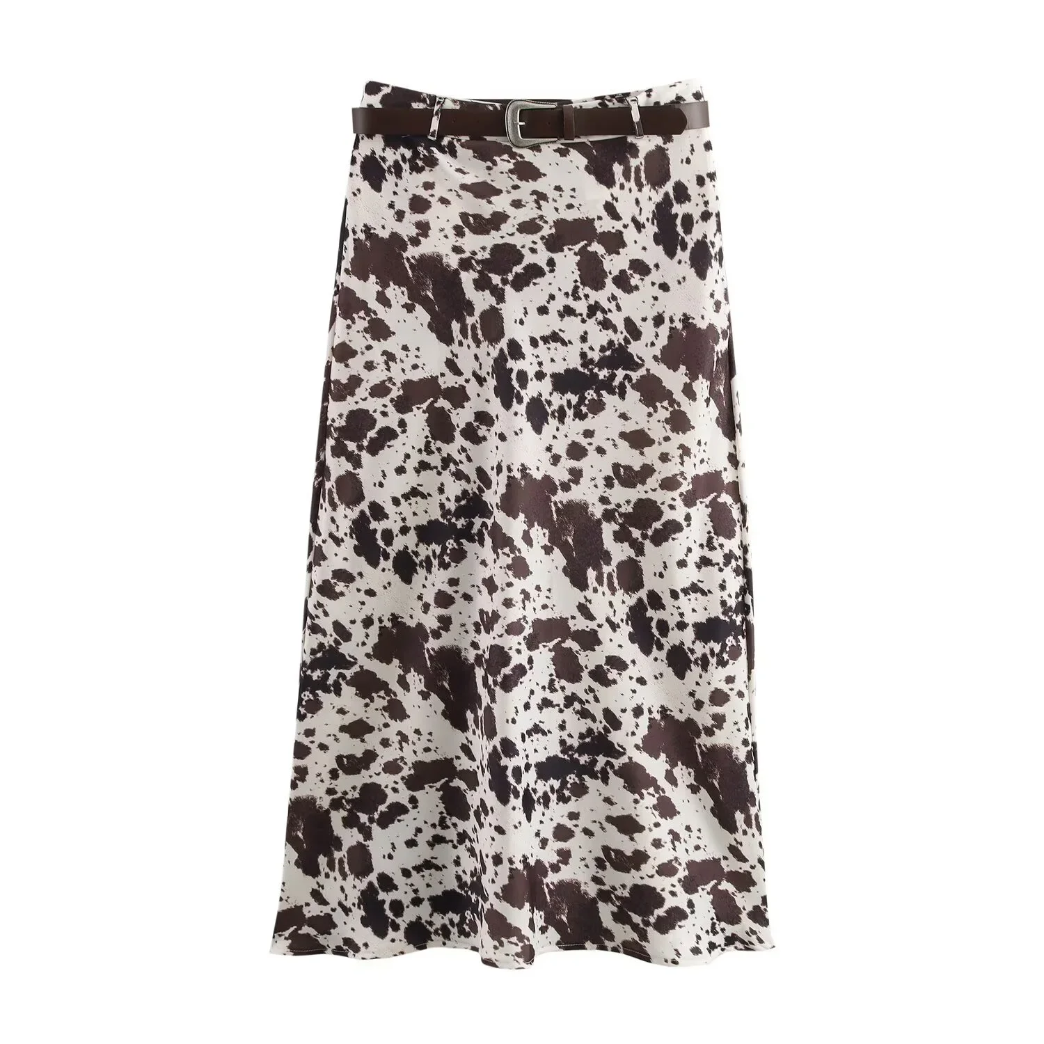 

Spring New Arrivals Women's High Waist Contrast Color Belt Printed Satin Textured Midi Skirt