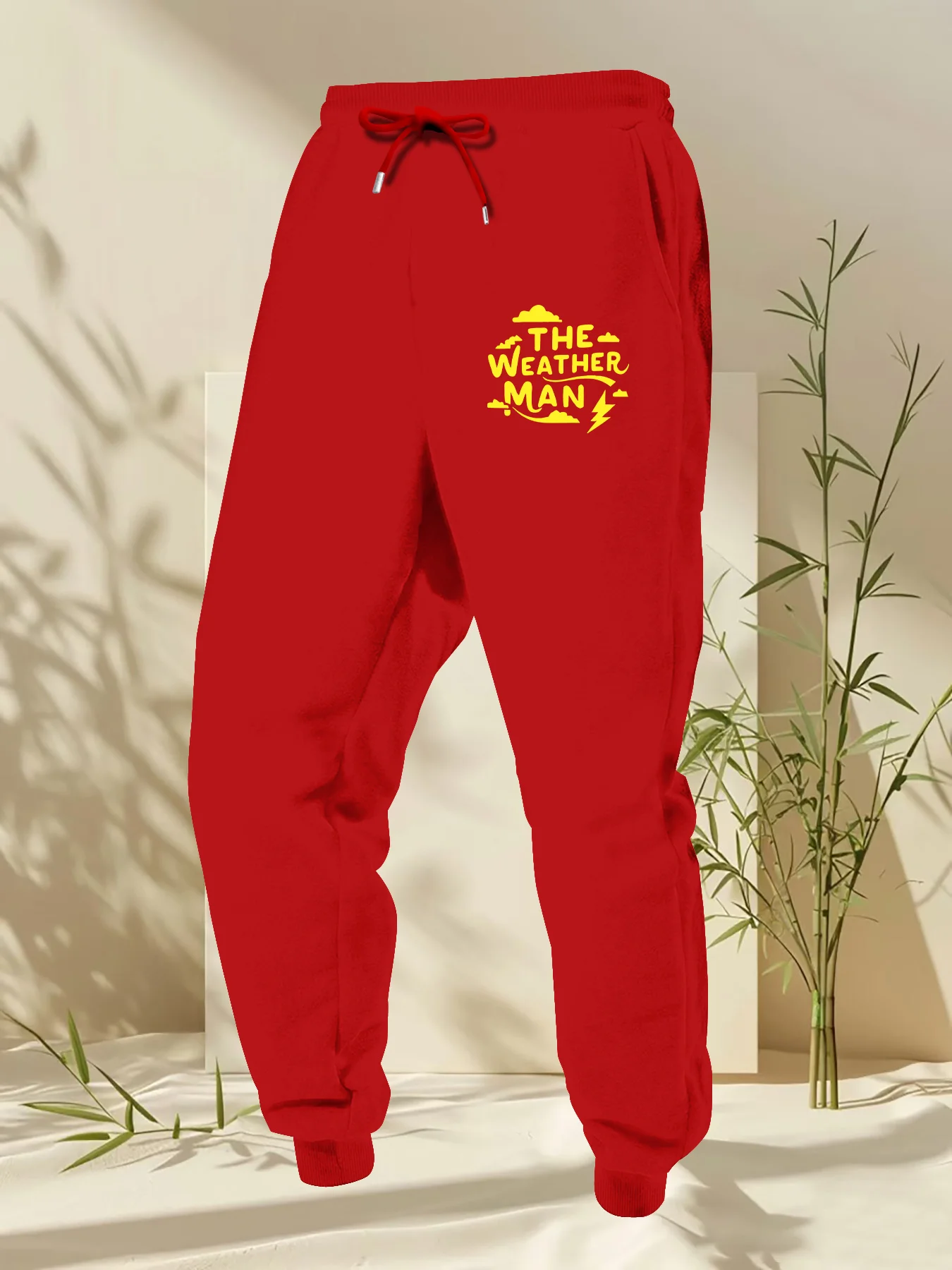 Sky‑styled The Weather Man Cloud Flash Cartoon Text Art Motif Print Soft Warm Sweatpants Men Hip Hop Sports Jogger Trousers