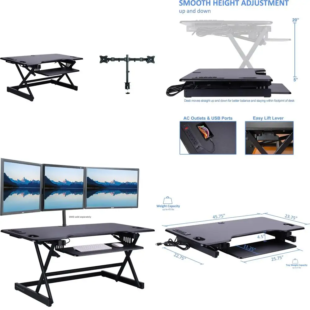 محول مكتب قائم قابل للتعديل مع شاحن USB تيار متردد، ذراع تثبيت شاشة مزدوجة - حامل مريح للجلوس ثلاثي الشاشة Solu #1