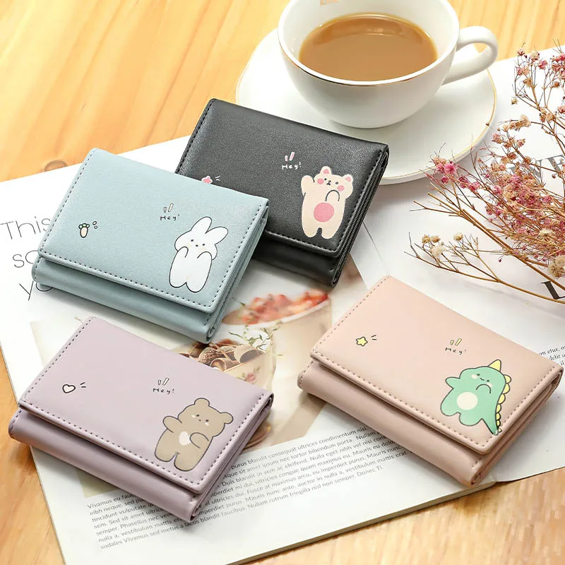 Cute Little Wallet Student Three Fold Card Holder Girl's ID Card Holder Coin Wallet Women's Short Wallet, Printed Simple Cartoon