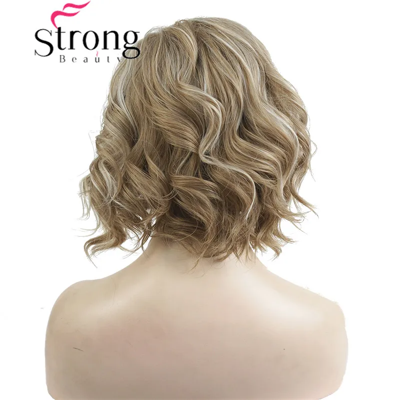 StrongBeauty Women Synthetic Wig Medium Length Curly Light golden Highlighted/Balayage Hair Natural Wigs