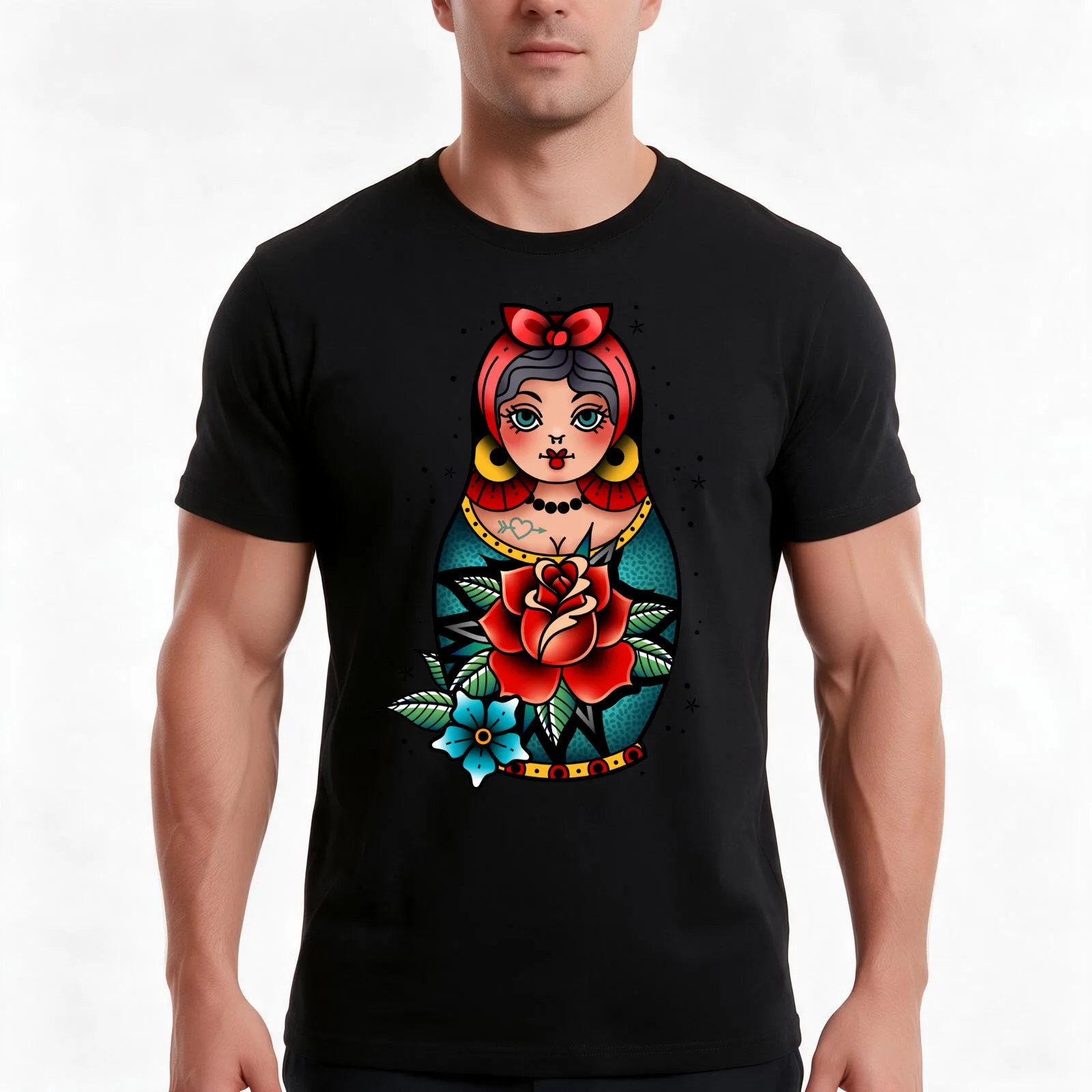 traditional old school tattoo russian doll matryoshka T-Shirt, Summer Casual Cotton Tee, Oversized Streetwear Tops, 100% Cotton