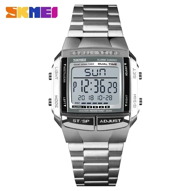 SKMEI Stainless Steel Digital Watch for Men Sports Electronic Waterproof LED Display Wristwatches Mens 1647 Reloj Hombre 1381