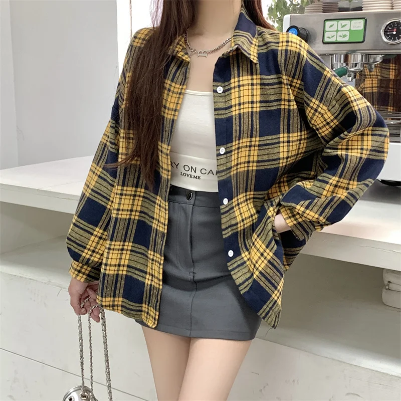 

Желто-черная клетчатая рубашка для женщин, топ с длинными рукавами, женские рубашки в клетку на пуговицах для девочек-подростков, осенне-зимняя повседневная одежда