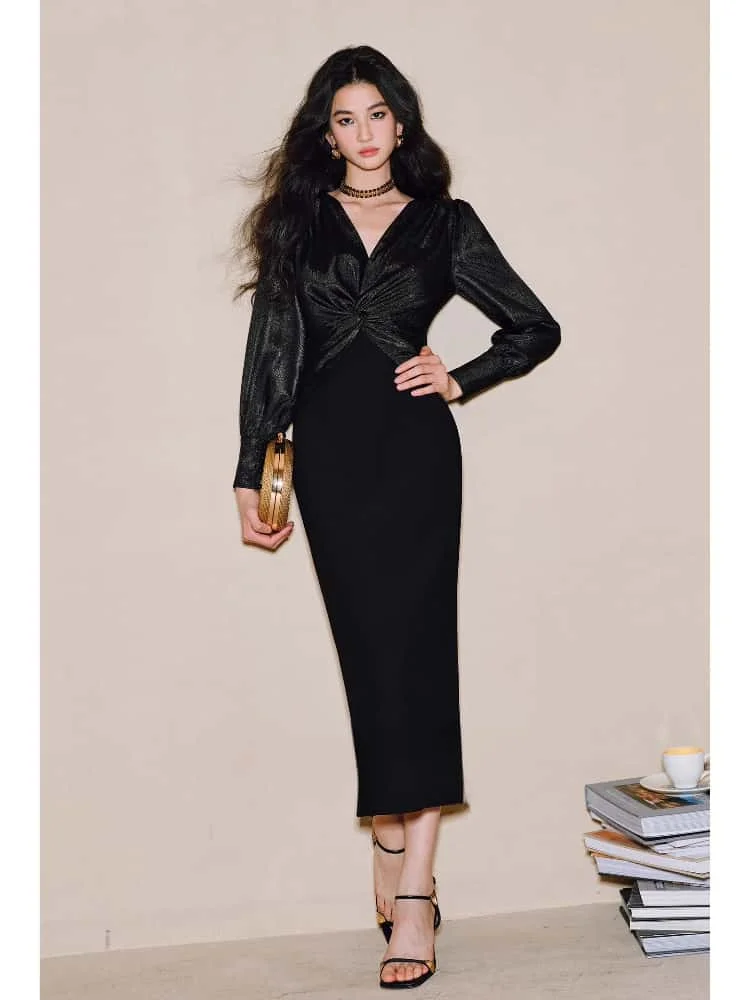 Nowa moda damska 2025: Sukienka vintage z satyny w kolorze białym, dekolt w serek, długi rękaw, wyszczuplająca, plisowana, elegancka sukienka letnia na przyjęcie.