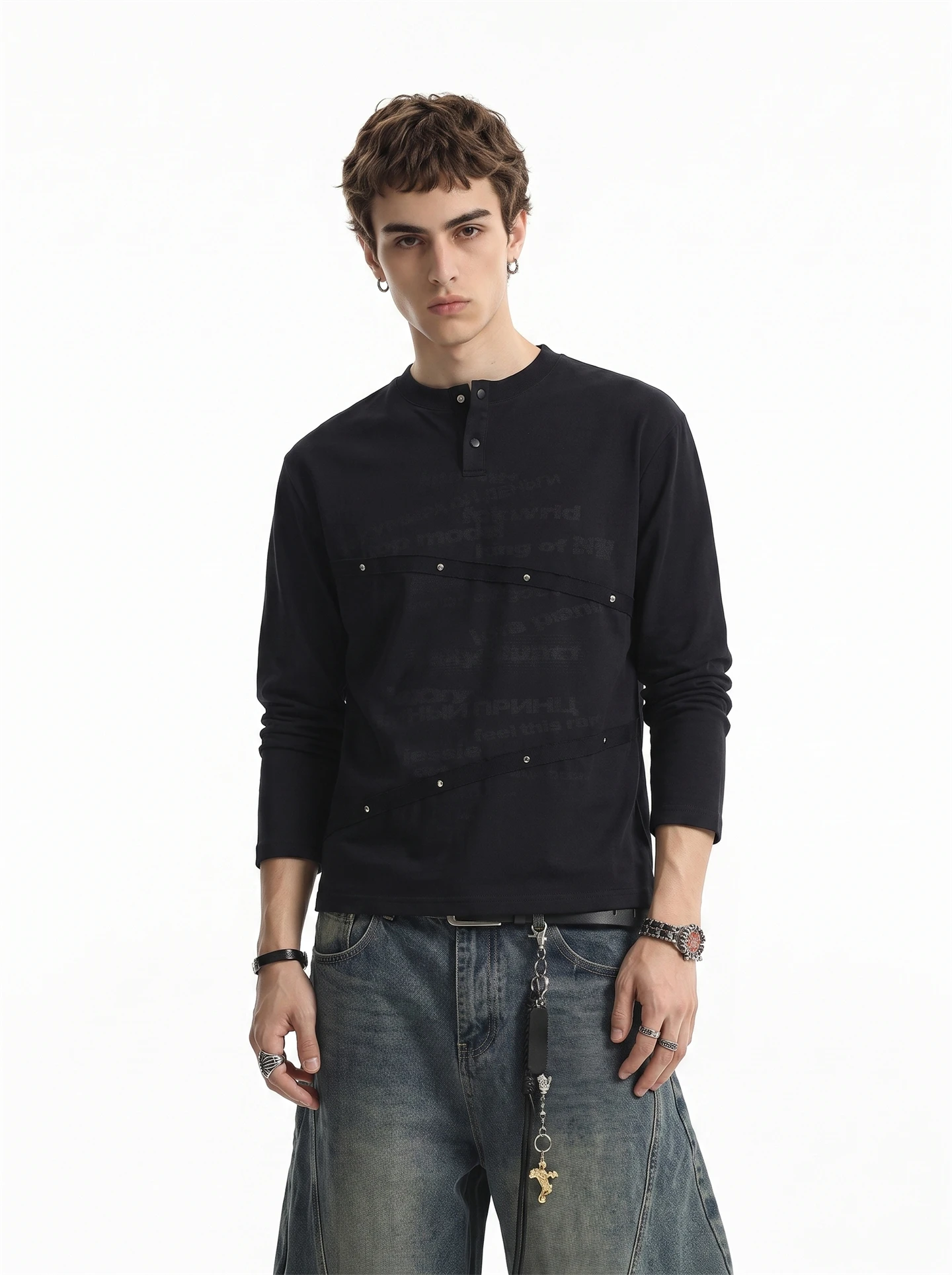 BETEBULE American Retro Letter Print Patchwork Long Sleeve Men's T-shirt Autumn New Rivet Semi-Button up Top Loose Fit Youth ...