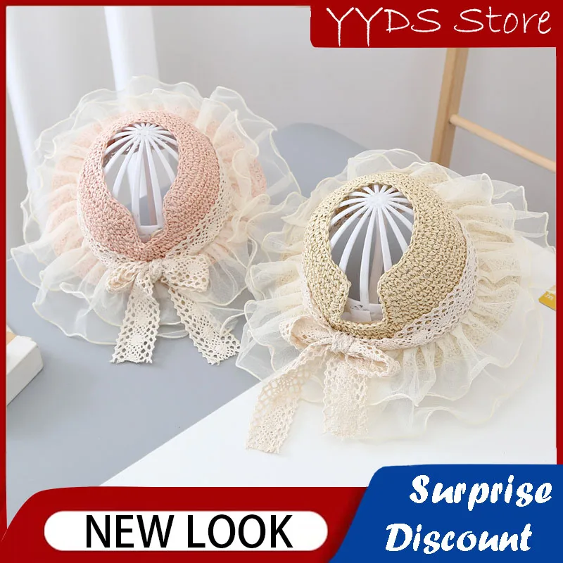 Summer Children's Straw Hat Children's Lace Streamer Empty Top Sun Hat Foldable Sun Hat Beach Sun Protection Sun Hat