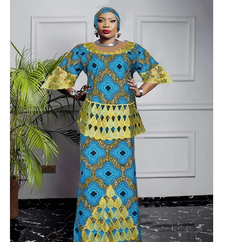 Plus Size African Clothes for Women 2024 Dashiki Ankara Embroidery Wedding Party Evening Top Skirt Matching Sets With Headscarf