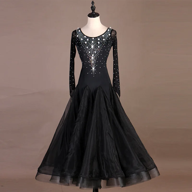 

customized with Diamond Pearl ballroom dance big swing dress waltz modern dance competition performance uniform long sleeved
