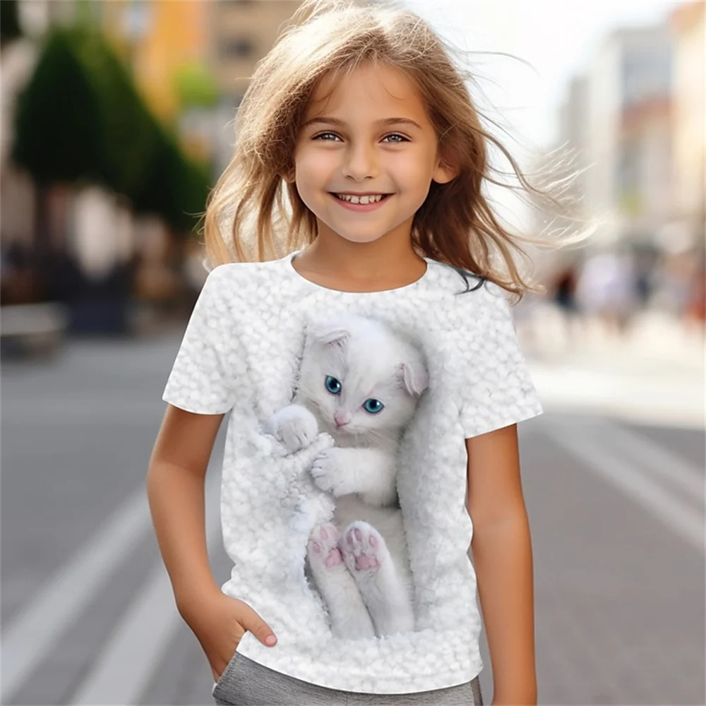 Camiseta divertida con estampado 3d de gato para niña, pantalón corto informal de verano, camiseta fresca de manga para niña