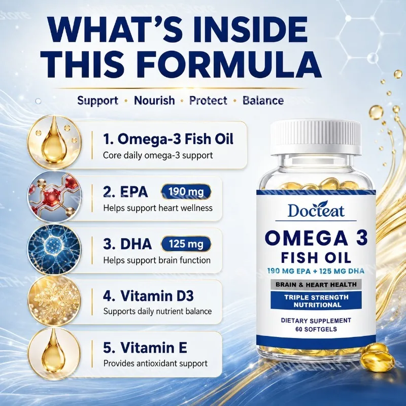 Omega3 Fish Oil Softgels Triple Strength EPA DHA Brain Balance Heart Balance Blood Vessel Function Support for Adult 60 Softgels