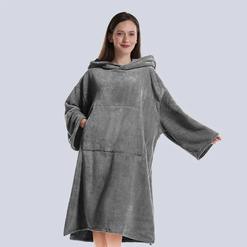 Autumn And Winter Coral Fleece Hooded Home Adult Plain Bathrobe Soft Absorbent Travel Outdoor Cape Warm Dressing Gown