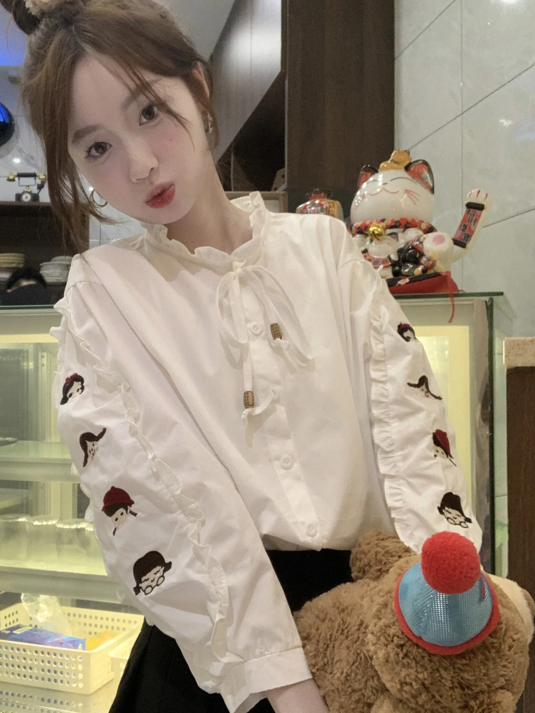 

Casual Sle Long Sve round Ne Bubble Sve irt Женский модный универсальный хлопковый дышащий удобный топ