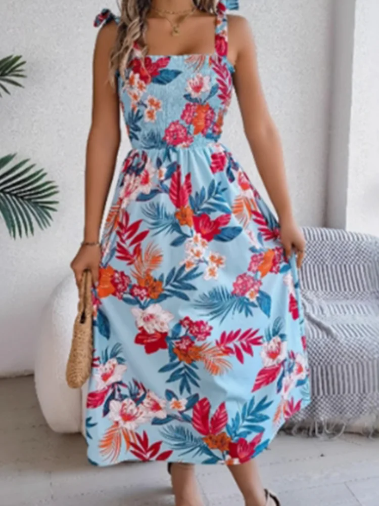 Kwiatowy nadruk z szelkami, bez rękawów, z kwadratowym dekoltem, damska sukienka na wakacje na plaży, letnie sukienki w stylu boho