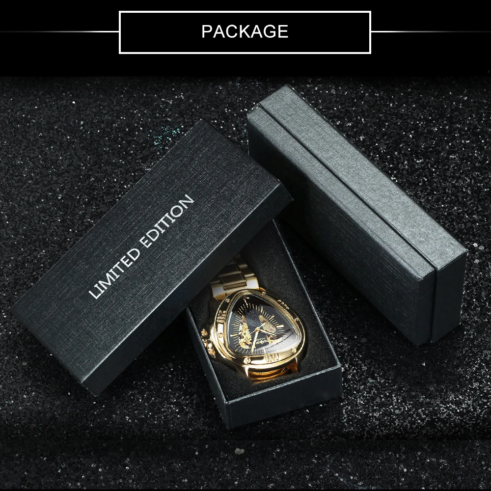 ساعة ميكانيكية أوتوماتيكية بهيكل عظمي مثلث فاخر من WINNER للرجال، أيدي مضيئة، حزام فولاذي من الجلد، ساعات رياضية للرجال هدية