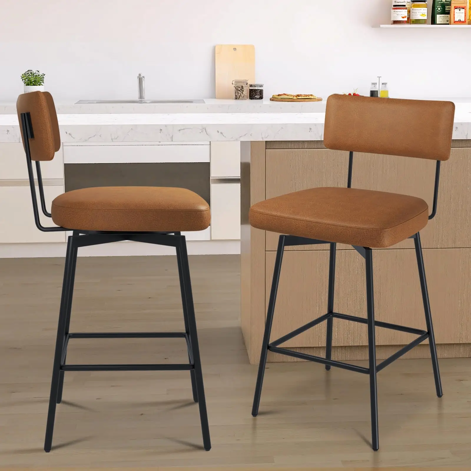 Hcore Counter Height Upholstered Bar Stools, 360 Swivel Faux Leahter Barstools Set of 2,Counter Stools with Back and Metal Frame