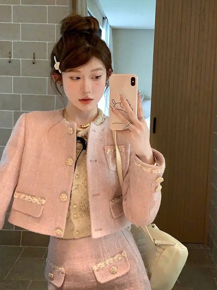 Rose Maiden Pink and Purple Chic Style Short Jacket and Skirt Two-Piece Set for Women, New Spring and Autumn High Quality Hot