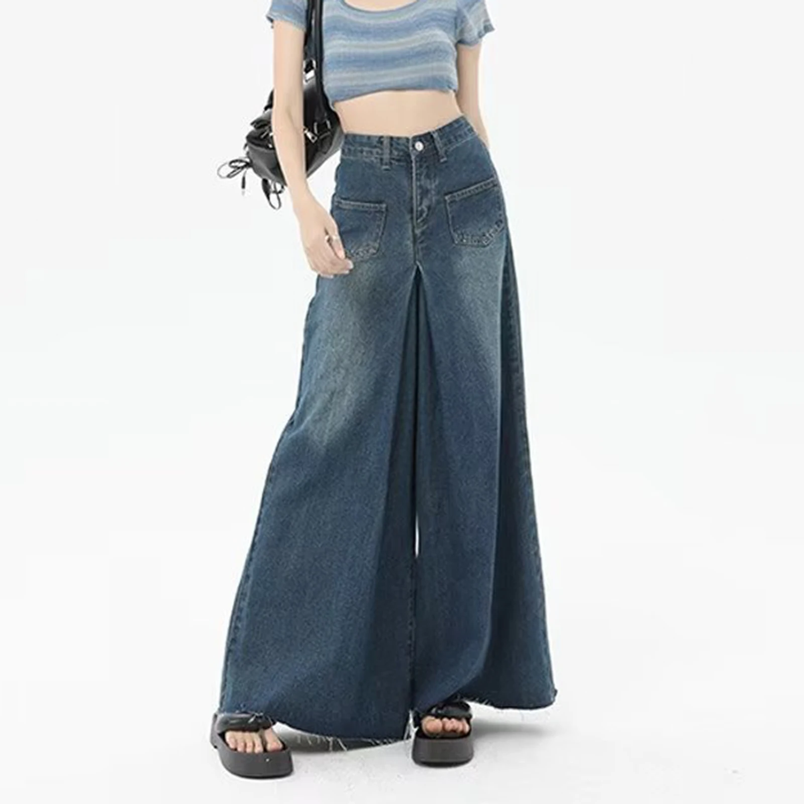 2024 Spring Autumn Women Woolen Edge Washed Jeans High Waisted Wide Leg Denim Pants Harajuku Street Ladies Long Skirt Trousers