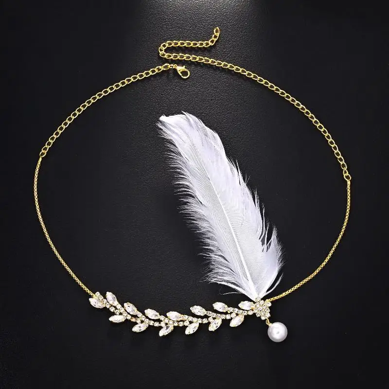 1920s Flapper Feather Headband Shiny Rhinestone Leaf Accent Headwear for Retro Theme Party Dance Evening Accessory