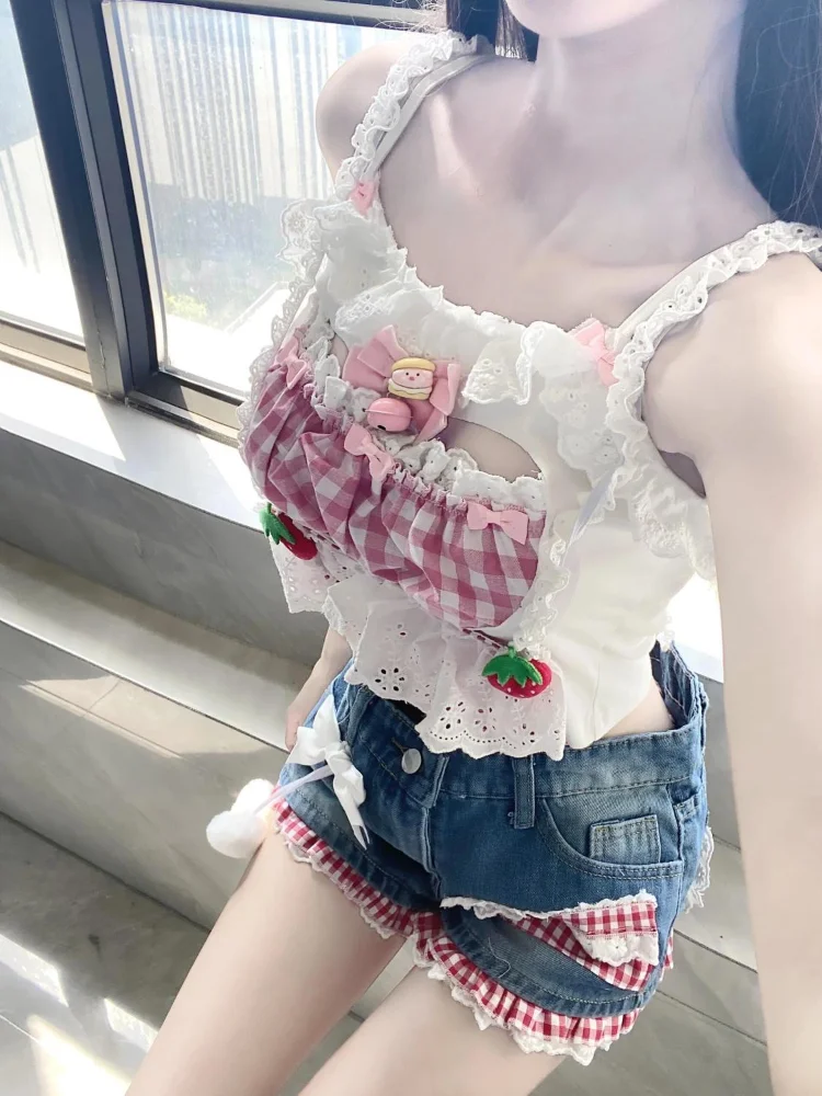 Summer Kawaii New Two Piece Set Women Fairy Sweet Print Tops + High Waist Stitching Denim Sexy Short Jeans Shorts Set Suit 2024