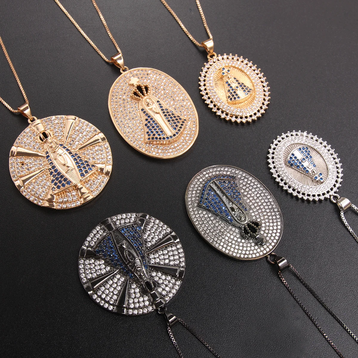 MHS.SUN Newest Round Virgin Mary Necklace Mosaic Zircon Classic Religious Necklaces Gold Plated Adjustable Chain Jewelry Gift