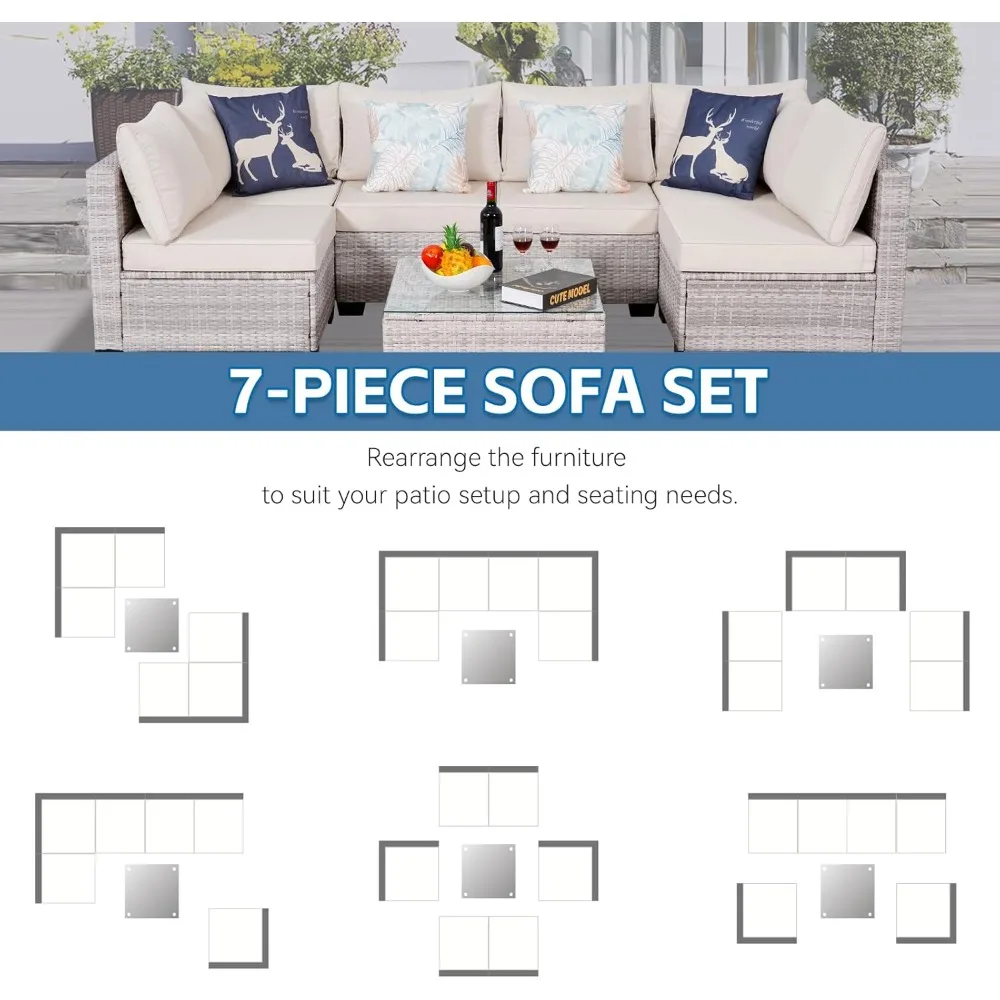 7 Piece Sectional Sofa Set Outdoor, Rattan Patio Furniture Set, Outdoor Sectional , Rattan Chairs Glass Table Wicker Co