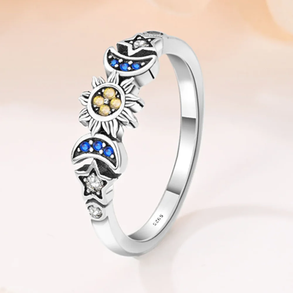 Original Silver Plating Ring Fashion Sun Blue Star Moon Zircon Women Rings Popular  Couple Wedding Luxury Jewelry Gift