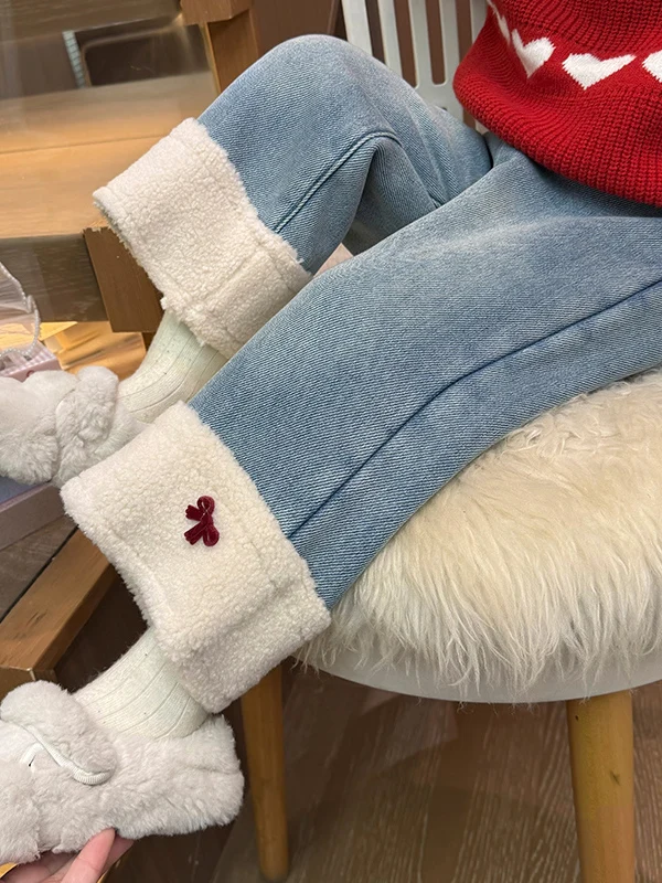 

Утепленные зимние джинсы для девочек с бантом, прямые, теплые, в корейском стиле, осенне-зимние, с завышенной талией