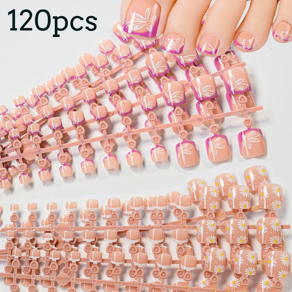 120Pcs Short Square Fake Toenails with Daisy Flower Design Full Cover French False Toe Nails Floral Wearable Press on Toenails