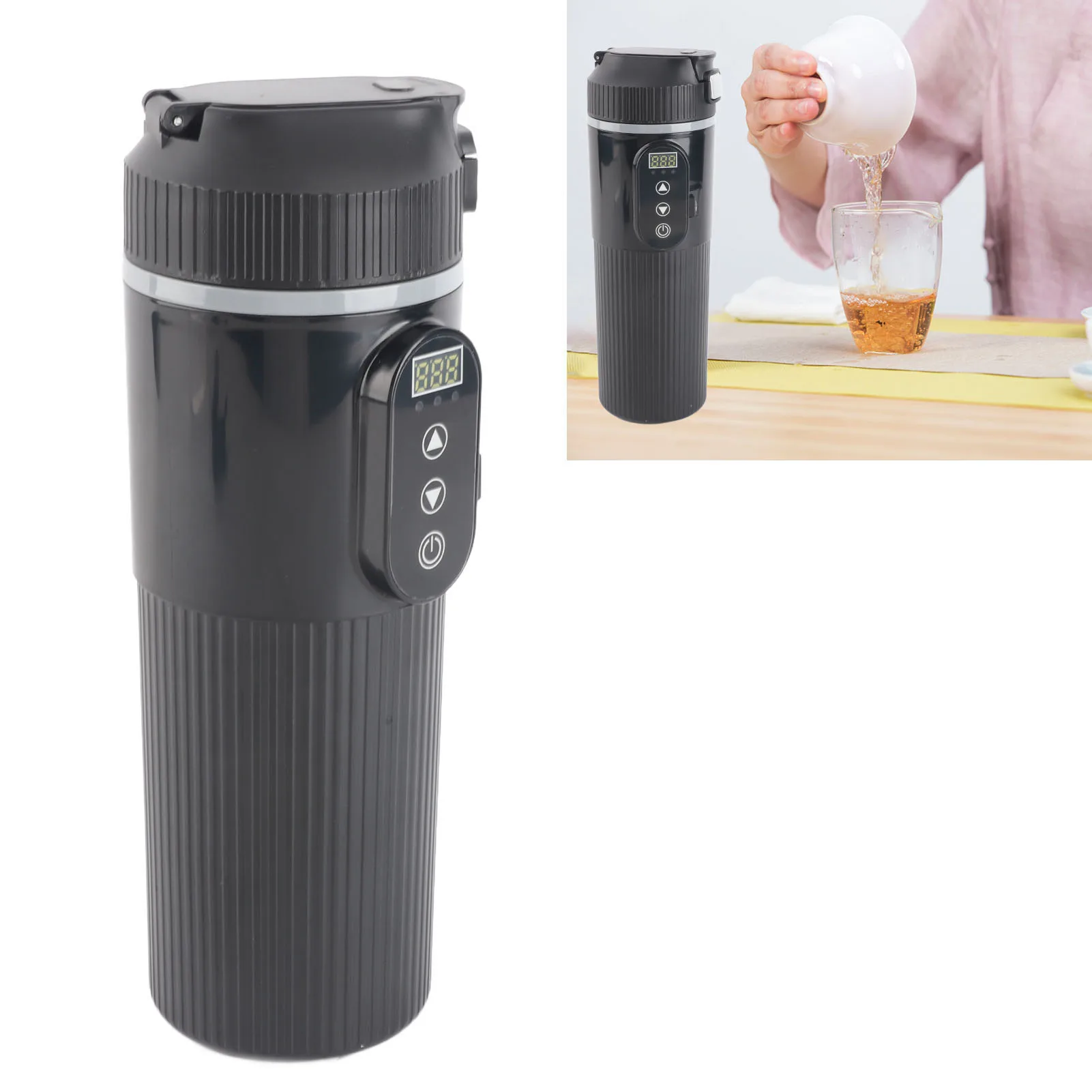 Car Electric Kettle 500ml Car Heating Cup Stainless Steel Intelligent Temperature Display Electric Heating Mug with Cigarette