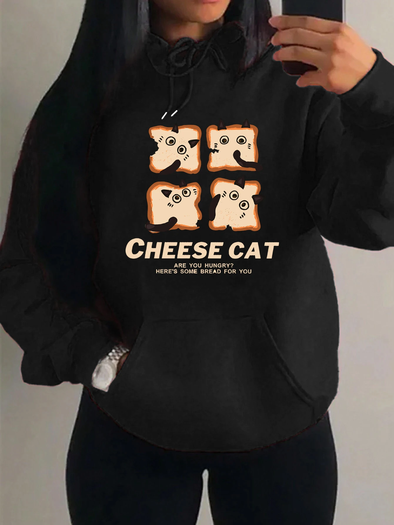 Cartoon Cheese Cat Prints Women Hoodie Pocket Harajuku Streetwear Multicolor Casual Pullovers Autumn Fleece Clothes Women