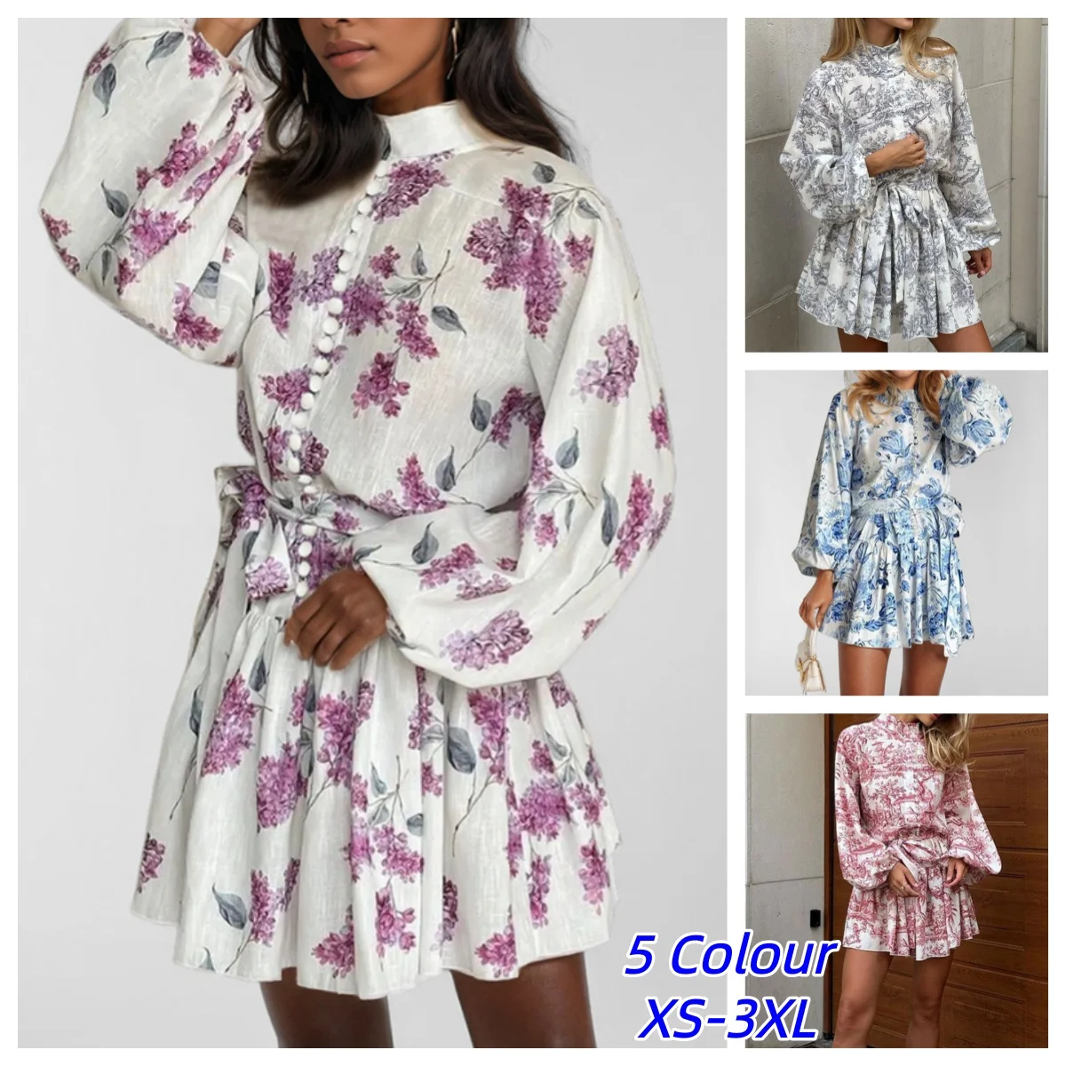 2026 Frühling Herbst Vintage Bedrucktes Schnür-Hemdkleid mit Rüschen und Falten, Langarm, High-Street Damen Kurzes Loses Kleid