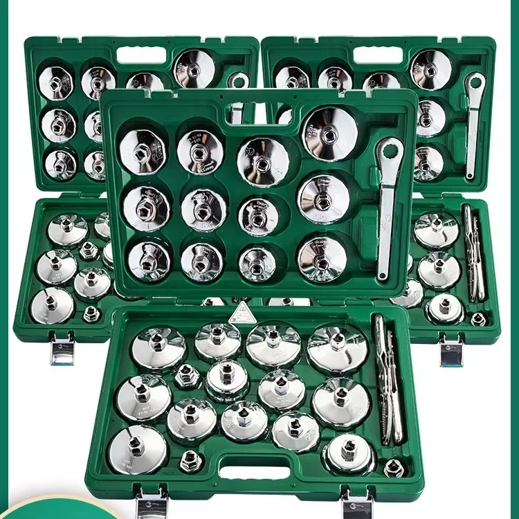 Karlion Heavy Duty Silver Oil Filter Cap Wrench Kit-Complete Steel Socket Set with Handle for Universal Spin-On Filter Change