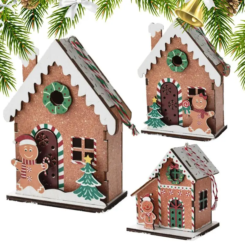 Wooden Christmas Tree Pendant 3 Pieces Gingerbread House Pendants Wooden Decor Christmas Theme Household Decoration For Mantel