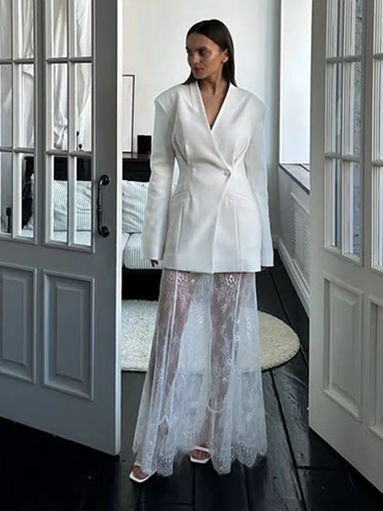 

Элегантный пиджак, костюм, кружевные комплекты с юбкой, женские тонкие куртки с расклешенными рукавами на одной пуговице, прозрачные длинные юбки, весенняя женская одежда 2023 г.