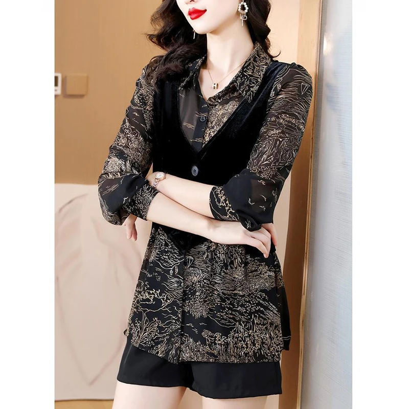 Nuove donne autunno moda coreana stampa Patchwork camicie Vintage eleganti camicette a maniche lunghe Casual risvolto sottile falso due pezzi top