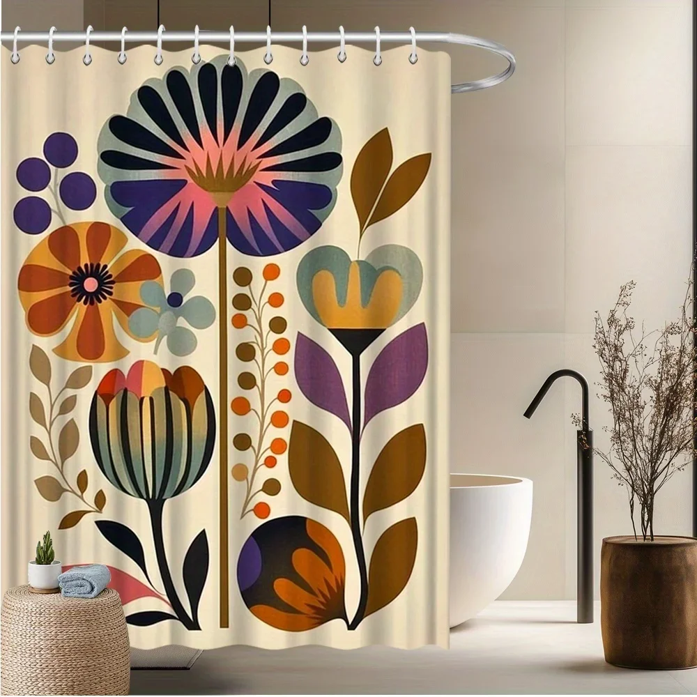 Mid-Century Modern Shower Curtain – Abstract Floral Art with Bold Colors, Retro Botanical Design Includes Hooks 70.8×70.8 Inches