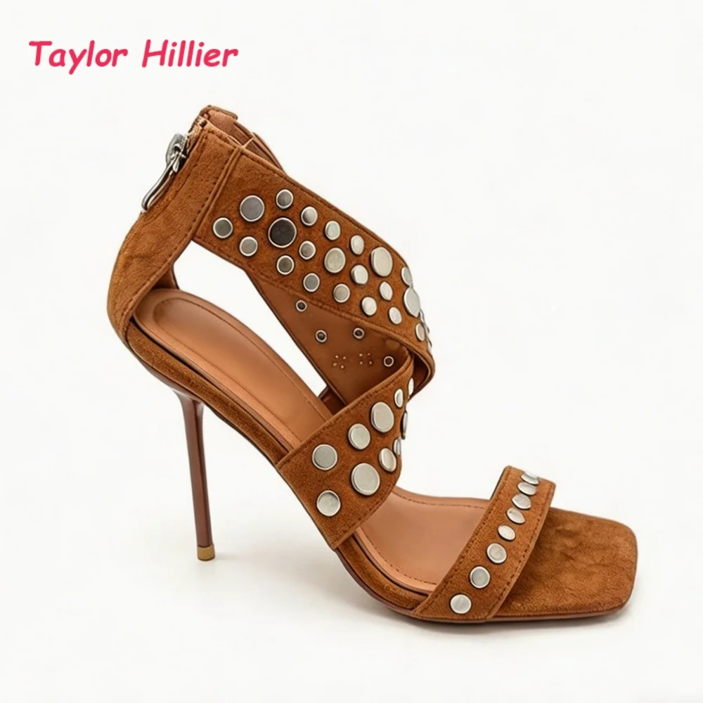 Square Toe Rivet Strap High Heel Sandals Women Faux Suede Back Zipper Stiletto Heels New Arrival Summer Club Party Dress Shoes