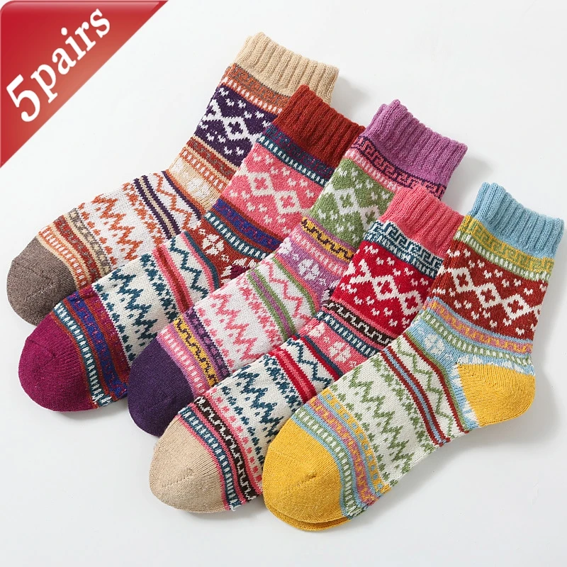 

5 пар женских носков, японские зимние толстые теплые мягкие носки-тапочки для девочек, полосатые носки в этническом стиле, модные носки средней длины в стиле ретро