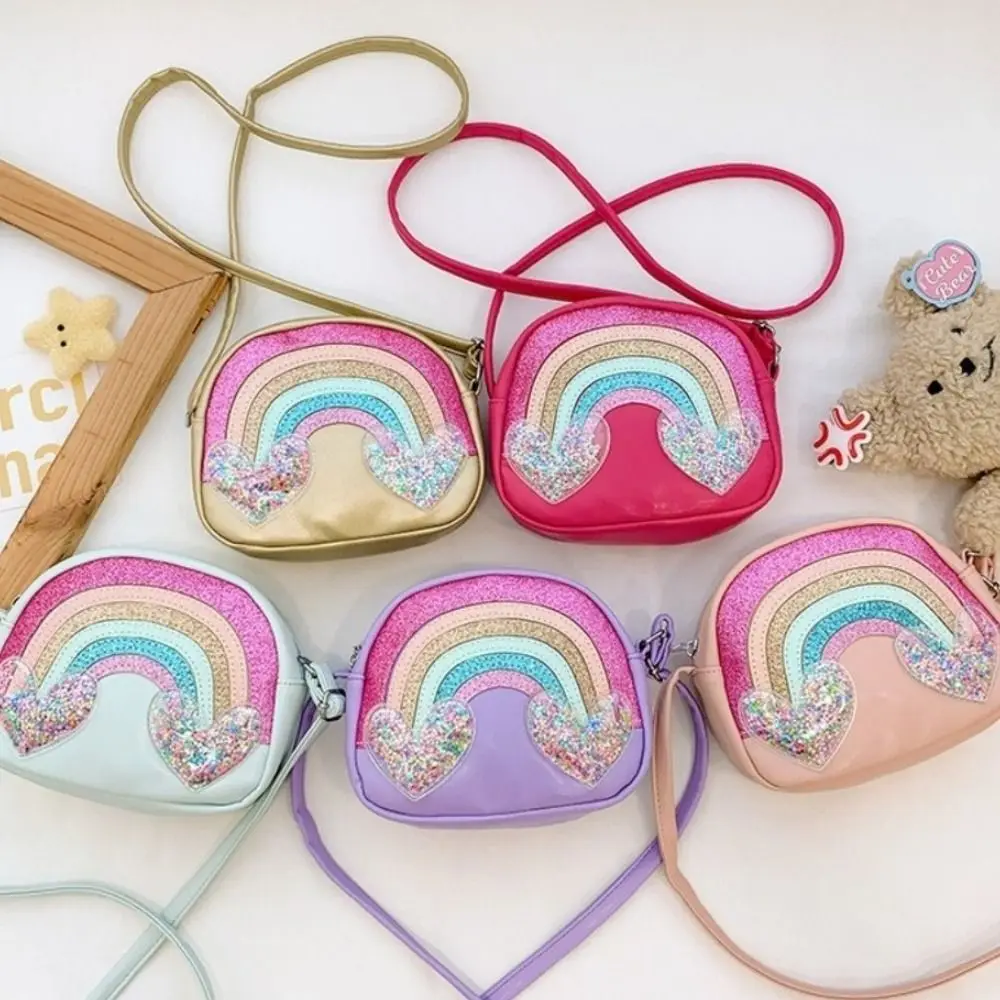 Casual PU Leather Shoulder Bags Rainbow Heart Portable Coin Purse Clutch Style Sequins Print Crossbody Bag For Girls