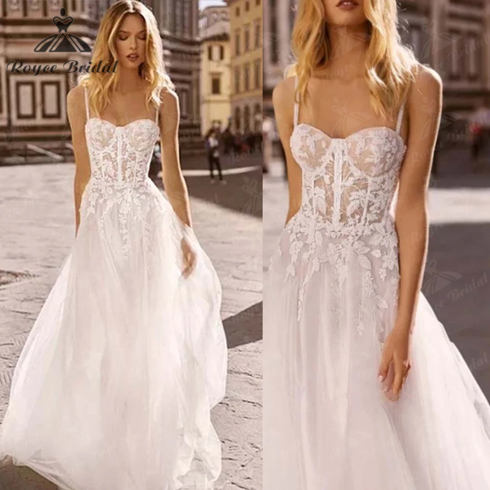 

Sexy Spaghetti Straps Tulle A Line Wedding Dress Sweetheart Lace Appliques Backless Bridal Gown vestidos de novia Roycebridal