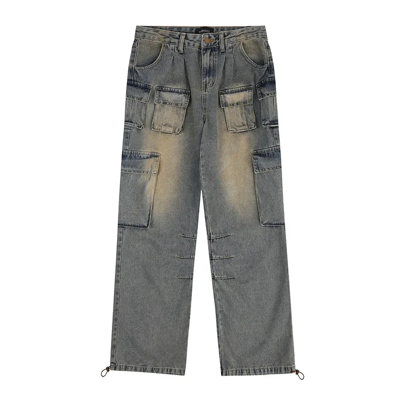 Ropa de calle para mujer, pantalones vaqueros Vintage de cintura alta con bolsillos múltiples, pantalones vaqueros holgados Retro americanos, pantalones de pierna ancha Y2K de otoño 2025