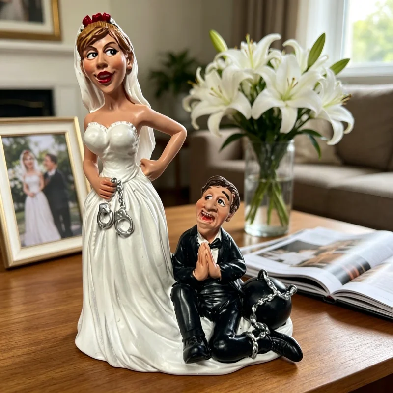 Resin Wedding Cake Topper, Handcuff Bride and Chained Groom Funny Couple Statue