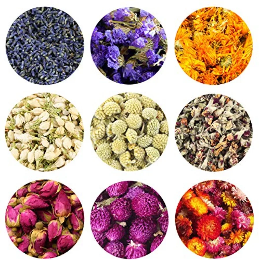 

Fragrant Dried Flowers and Herbs Accessories Decorations 9 Bags Set Dry Flowers for Soap Bath Bombs Making and Dried Flower Cra
