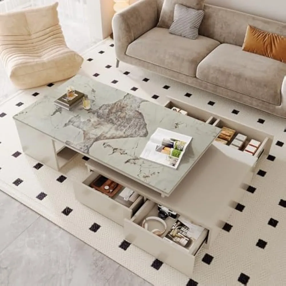 Mesa de centro extensível com 4 gavetas e prateleira de armazenamento, moderna mesa central de 51 a 71 polegadas