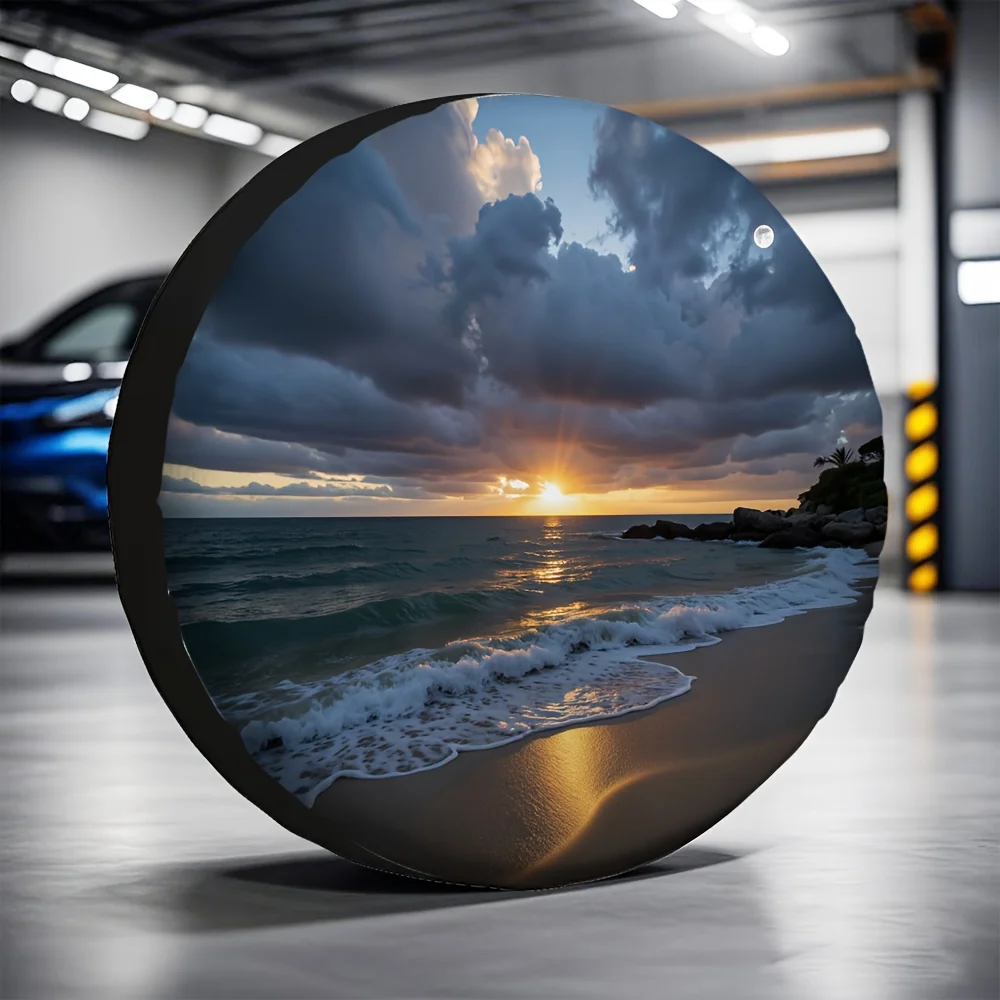 

Universal Tire Cover Featuring an Ocean Sunset Design Made from Polyester Fabric Perfect for Birthday Gifts
