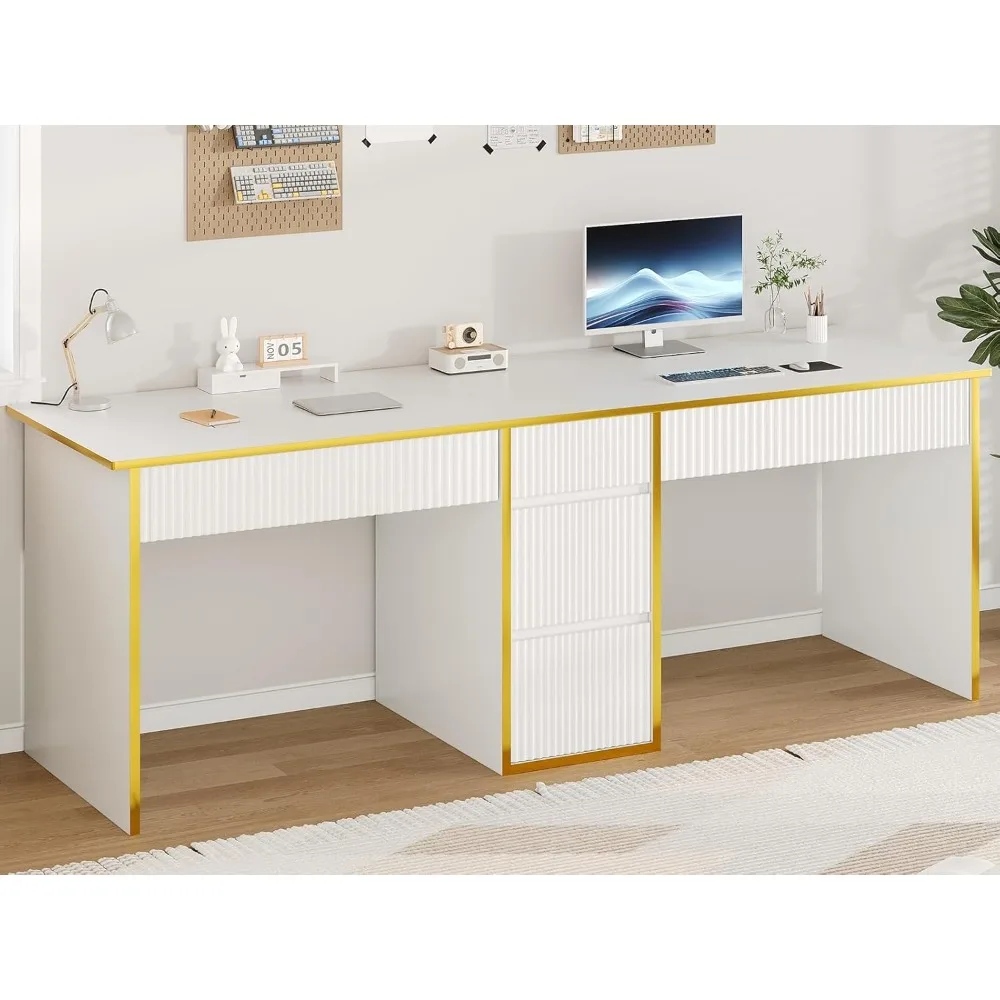 

4 double desks with drawers, 78.72 inch extra long computer desk with 5 storage drawers, study desk