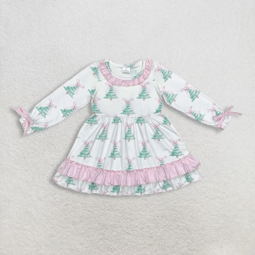 

Sibling Baby Girls Ruffle Knee-Length Dress Long Sleeves Pink Bows Christmas Tree Print Perfect for Holiday Occasions